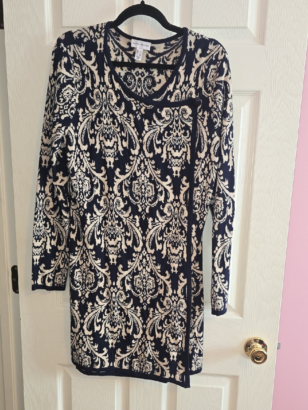 Susan Graver Navy and Cream Long-Sleeve Patterned‎ Knit Dress